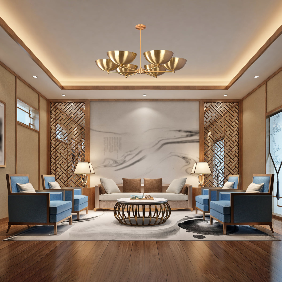 Modern Brass Chandelier | 6-Light Custom Ceiling Light Fixture Natural Brass, Copper or Painted Finish | Adjustable Size | Handmade Lighting - 32323