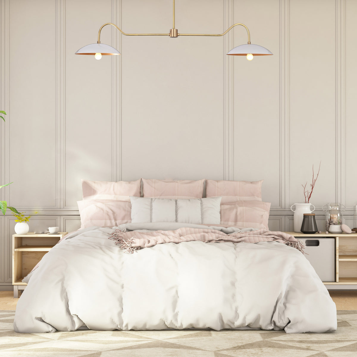 Dual-Arm Brass Chandelier with Dome Shades – Custom Modern Ceiling Light Fixture Made to Order - 32324