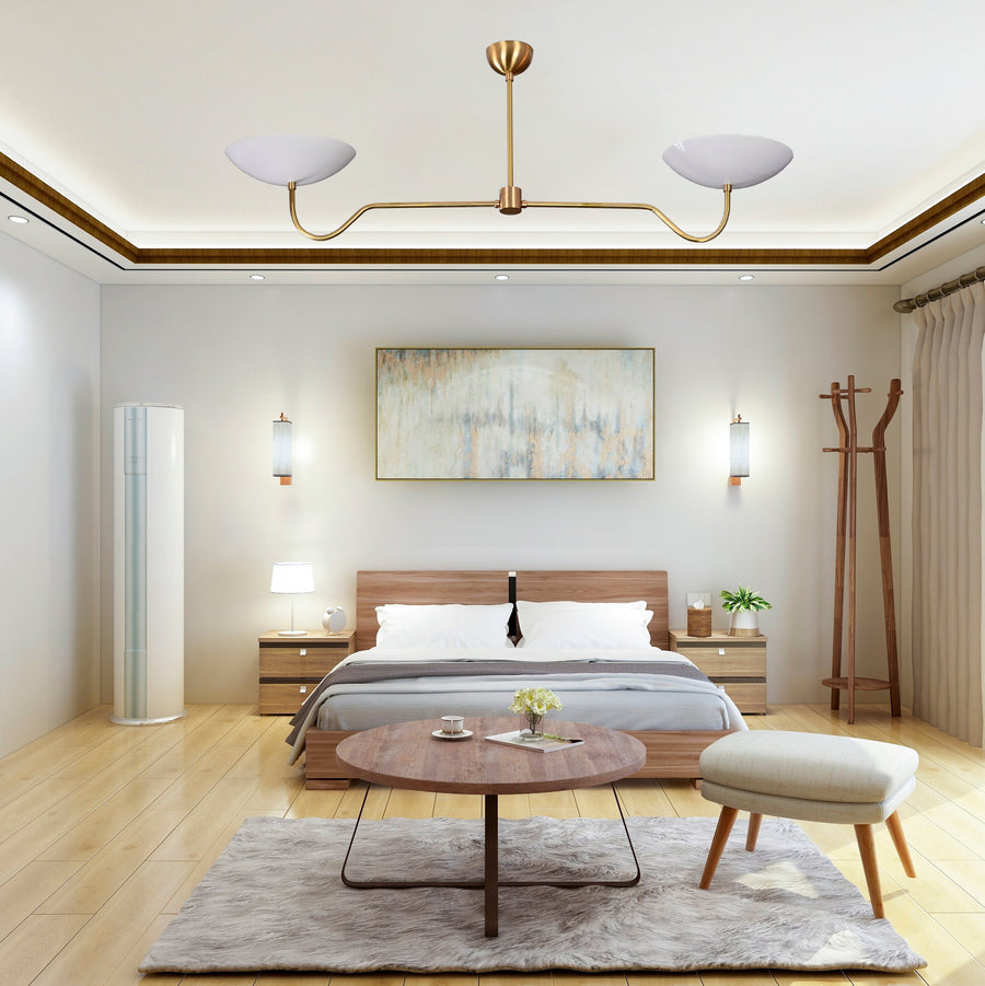 Two-Arm Uplight Brass Chandelier – Modern Minimalist Ceiling Light with Sculptural Bowl Reflectors | Custom Finish |  - 32325