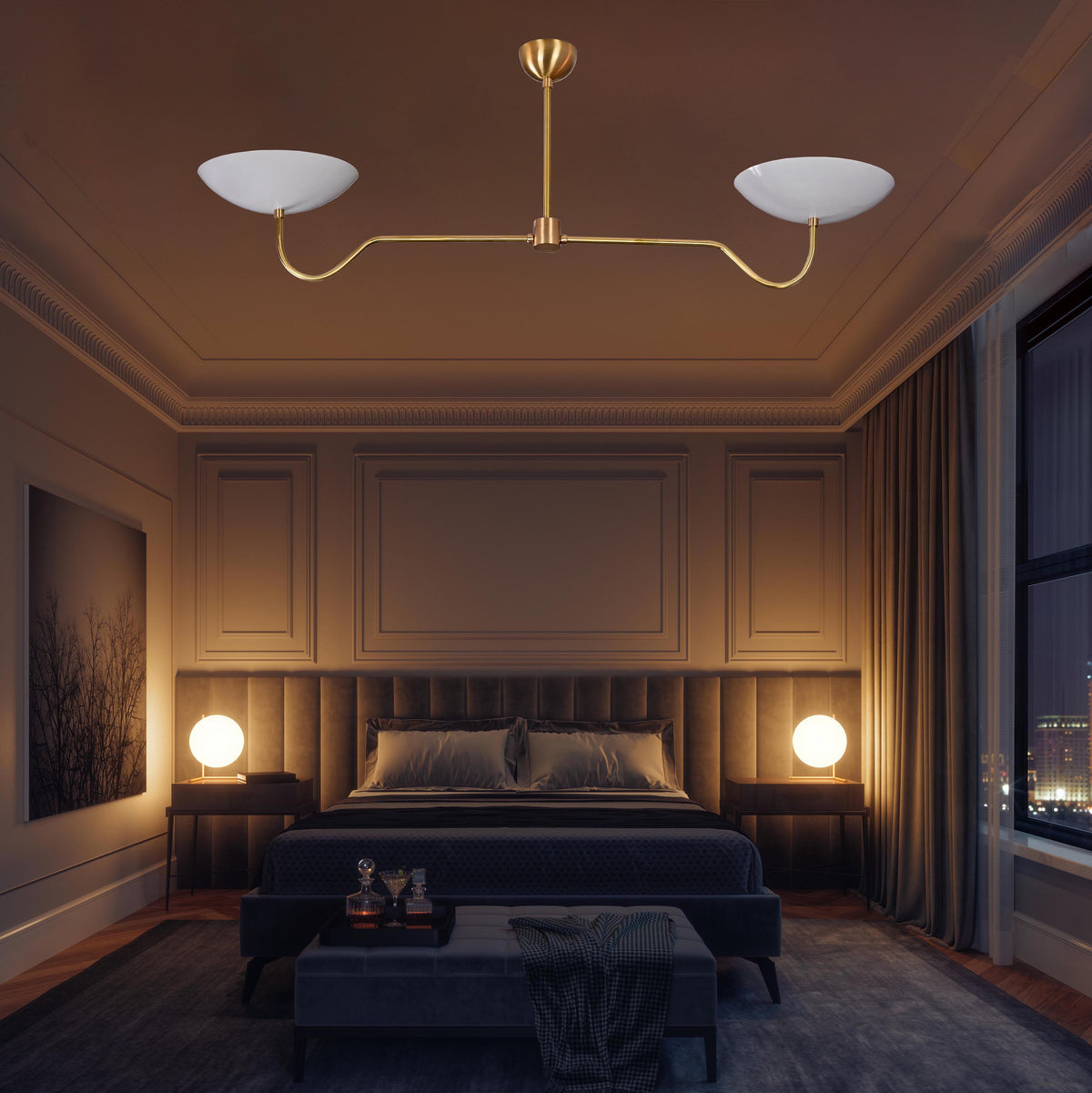 Two-Arm Uplight Brass Chandelier – Modern Minimalist Ceiling Light with Sculptural Bowl Reflectors | Custom Finish |  - 32325