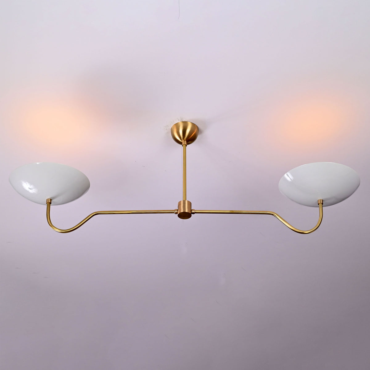 Two-Arm Uplight Brass Chandelier – Modern Minimalist Ceiling Light with Sculptural Bowl Reflectors | Custom Finish |  - 32325