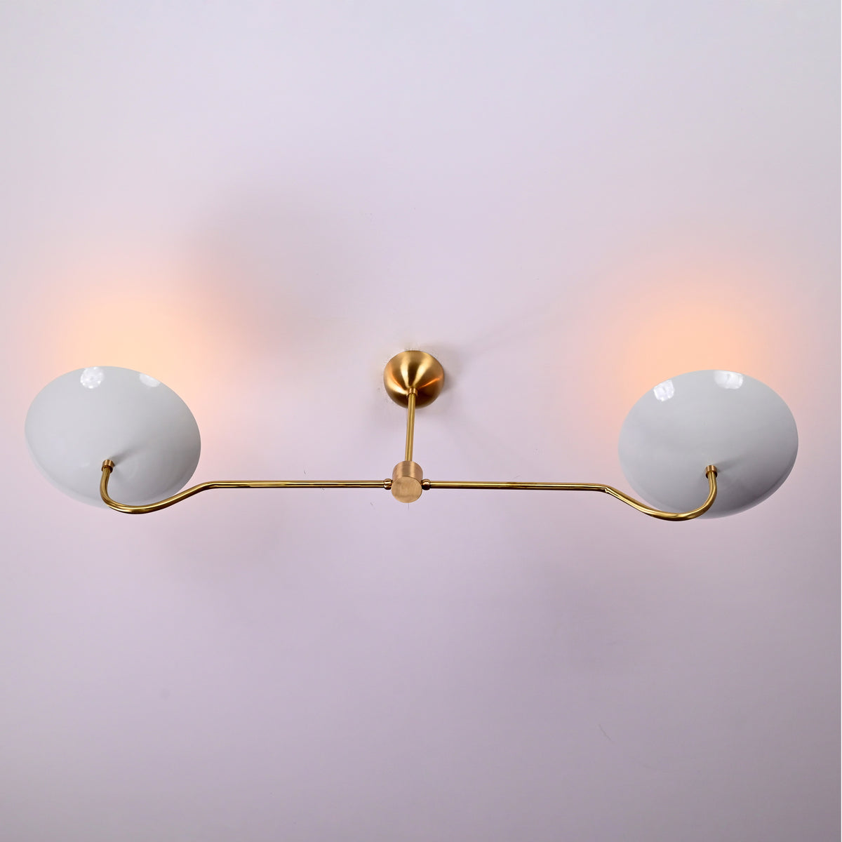 Two-Arm Uplight Brass Chandelier – Modern Minimalist Ceiling Light with Sculptural Bowl Reflectors | Custom Finish |  - 32325