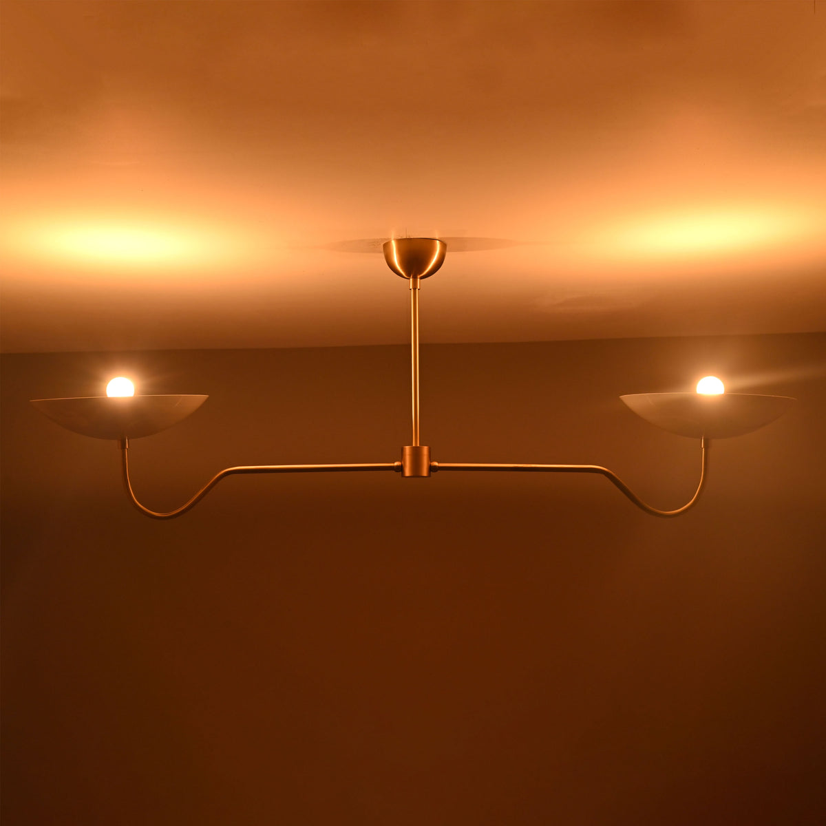 Two-Arm Uplight Brass Chandelier – Modern Minimalist Ceiling Light with Sculptural Bowl Reflectors | Custom Finish |  - 32325