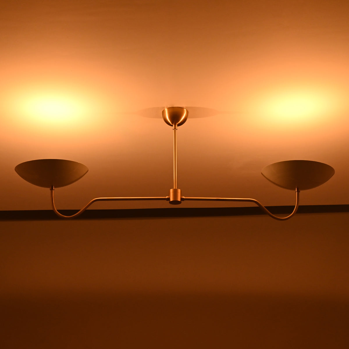 Two-Arm Uplight Brass Chandelier – Modern Minimalist Ceiling Light with Sculptural Bowl Reflectors | Custom Finish |  - 32325