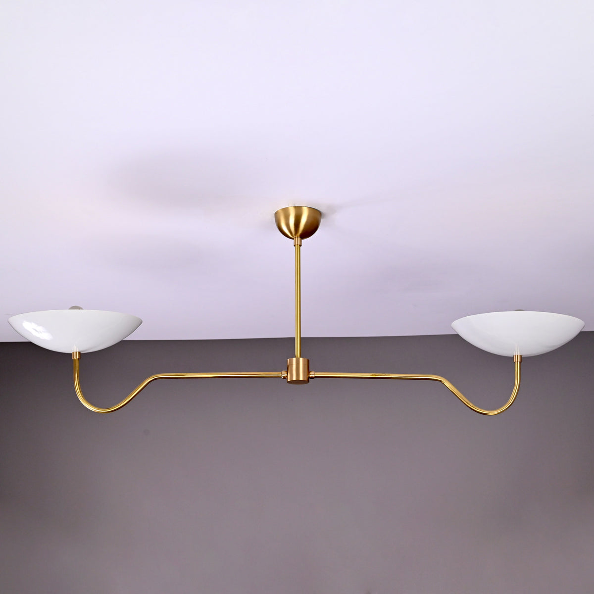 Two-Arm Uplight Brass Chandelier – Modern Minimalist Ceiling Light with Sculptural Bowl Reflectors | Custom Finish |  - 32325