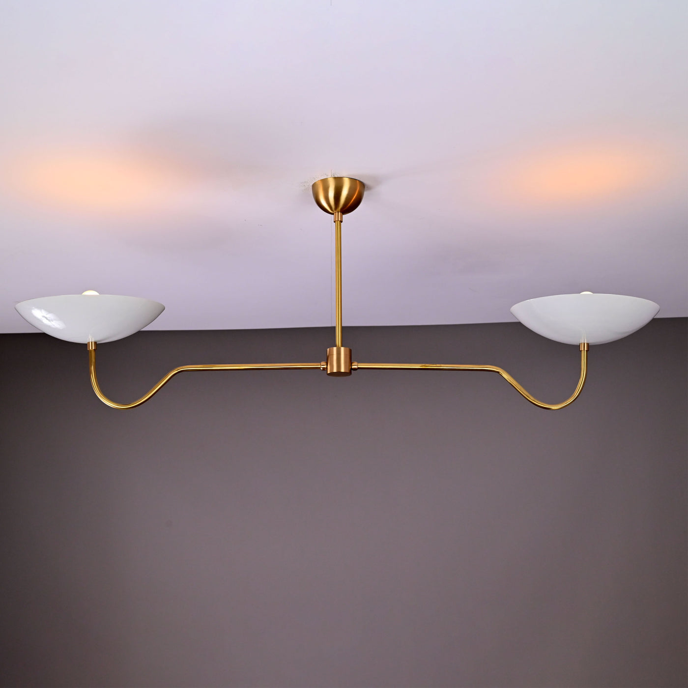 Two-Arm Uplight Brass Chandelier – Modern Minimalist Ceiling Light with Sculptural Bowl Reflectors | Custom Finish |  - 32325