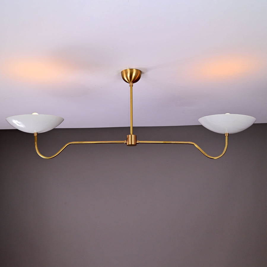 Two-Arm Uplight Brass Chandelier – Modern Minimalist Ceiling Light with Sculptural Bowl Reflectors | Custom Finish |  - 32325