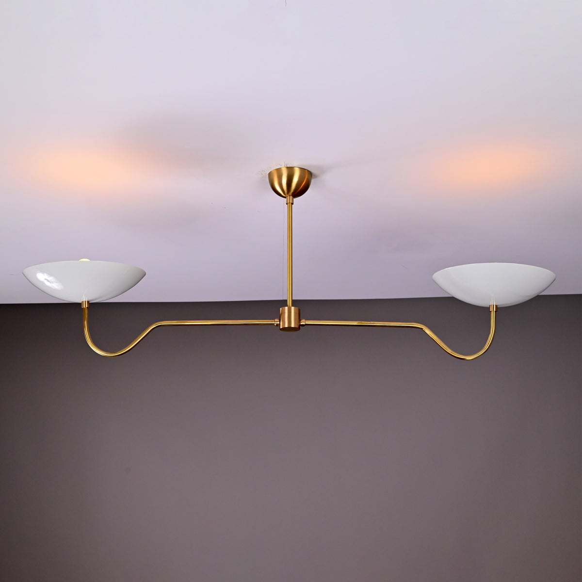 Two-Arm Uplight Brass Chandelier – Modern Minimalist Ceiling Light with Sculptural Bowl Reflectors | Custom Finish |  - 32325