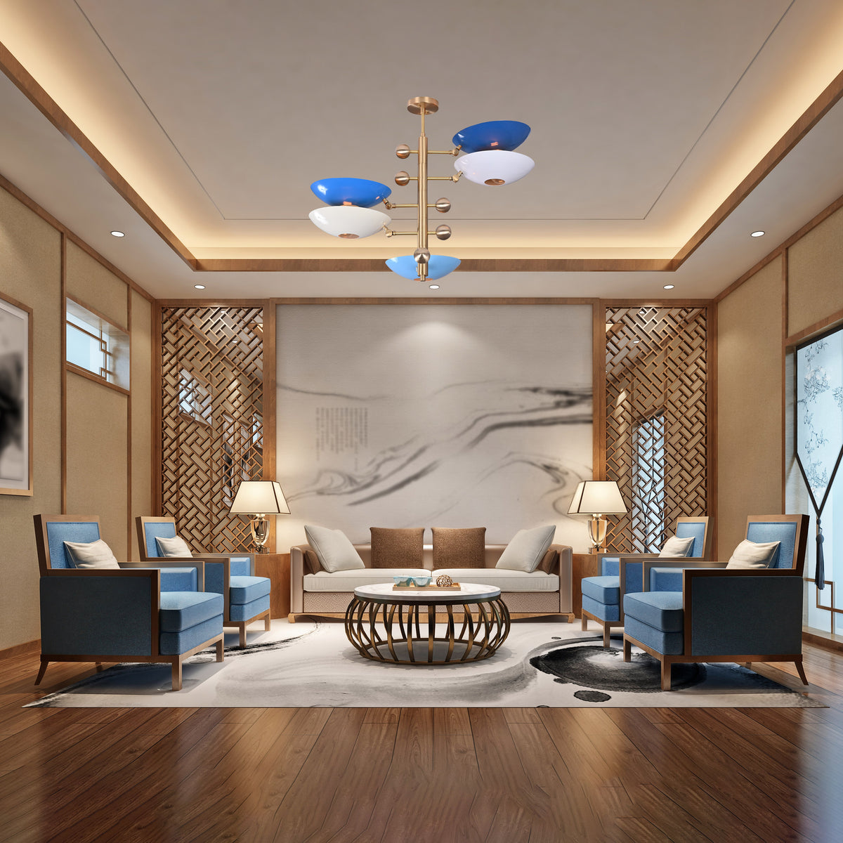 Modern Brass Chandelier | Mid-Century Uplight Ceiling Light Fixture - 32329