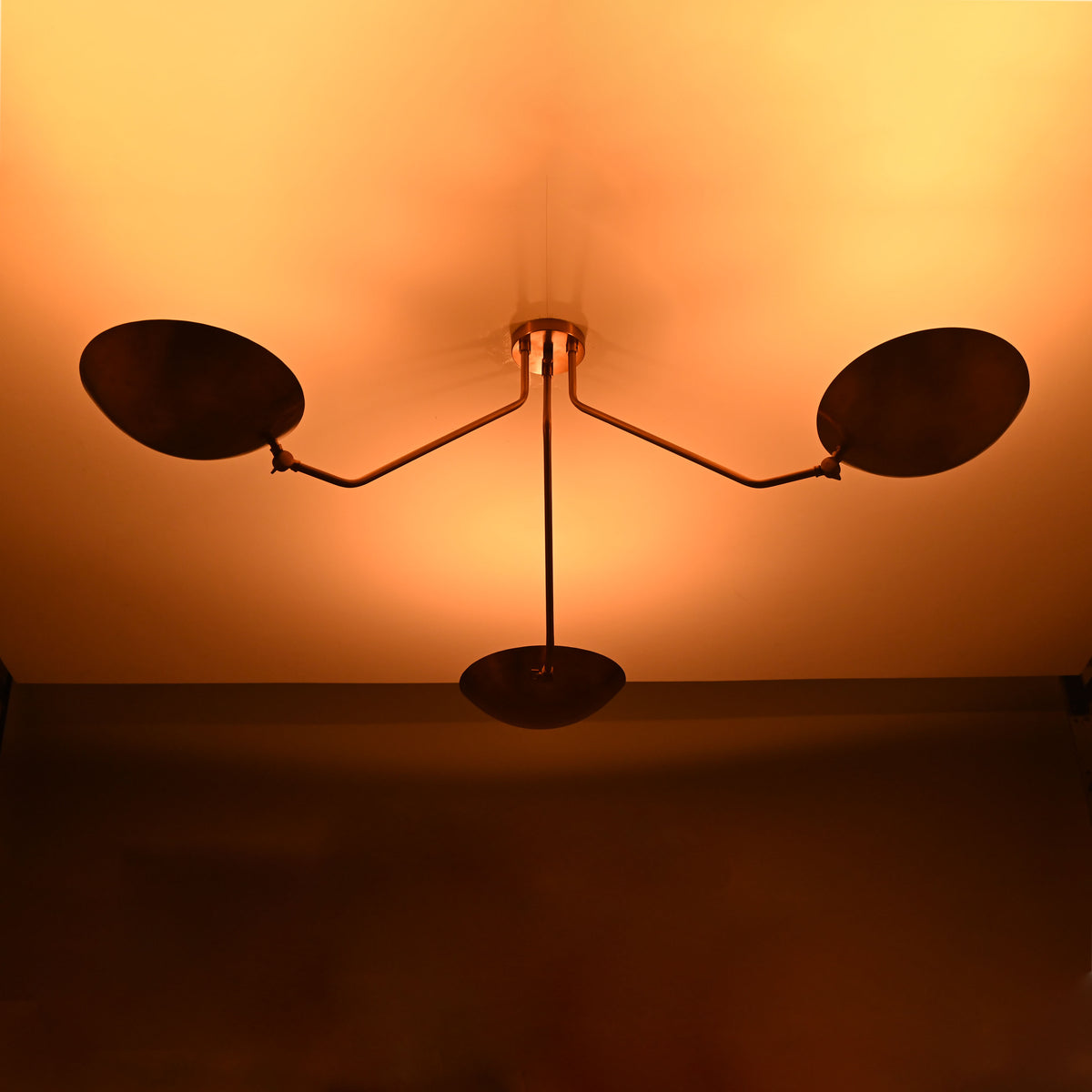 Mid-Century Modern Brass Chandelier | Customizable Flush-Mount Ceiling Light 3-Arm Adjustable Light Fixture - 32334