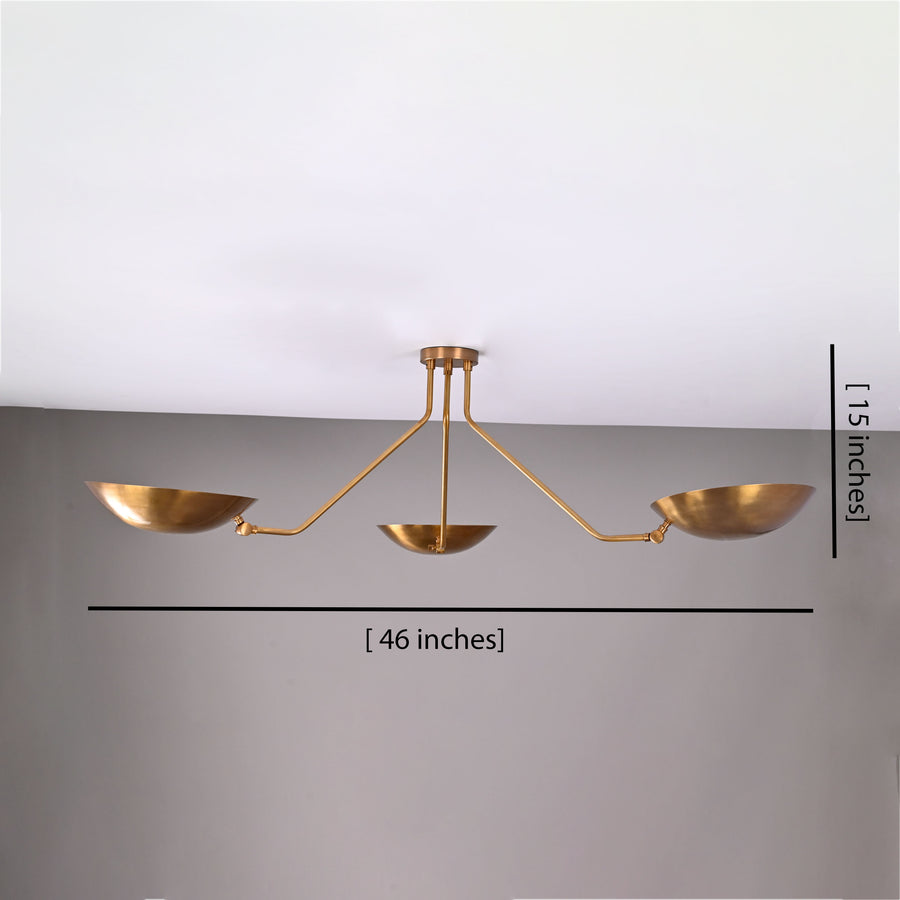 Mid-Century Modern Brass Chandelier | Customizable Flush-Mount Ceiling Light 3-Arm Adjustable Light Fixture - 32334