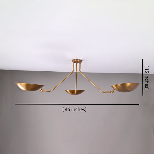 Industrial Brass Made, 3 Lights Elegant Brass Ceiling Flush Mount Pendant Lamp Mid Century Raw Brass Sputnik Chandelier, No Shadow, Ambient no-Glare Lamp
