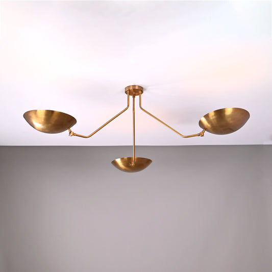 Industrial Brass Made, 3 Lights Elegant Brass Ceiling Flush Mount Pendant Lamp Mid Century Raw Brass Sputnik Chandelier, No Shadow, Ambient no-Glare Lamp