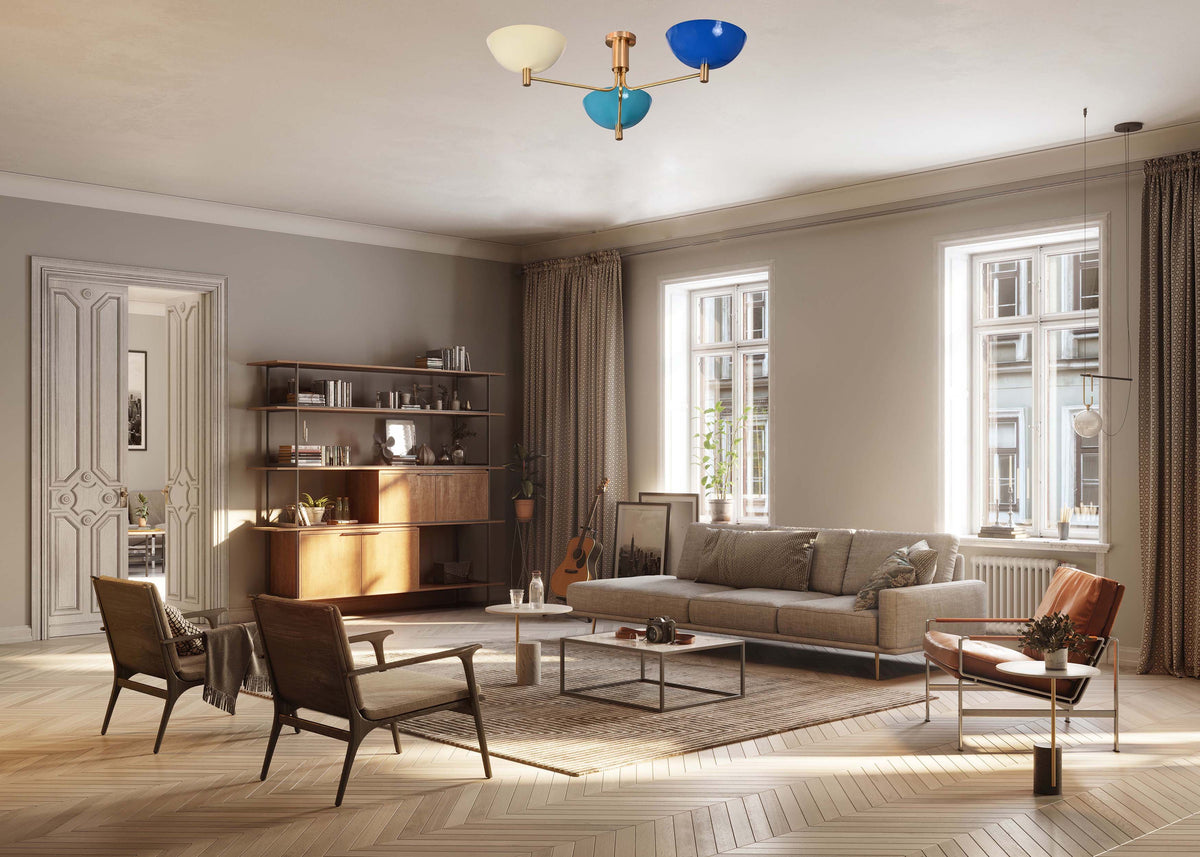 Modern Brass Flush Mount Ceiling Light | 3-Light Uplight Chandelier Custom Finish | Mid Century Modern Ceiling Fixture - 32339