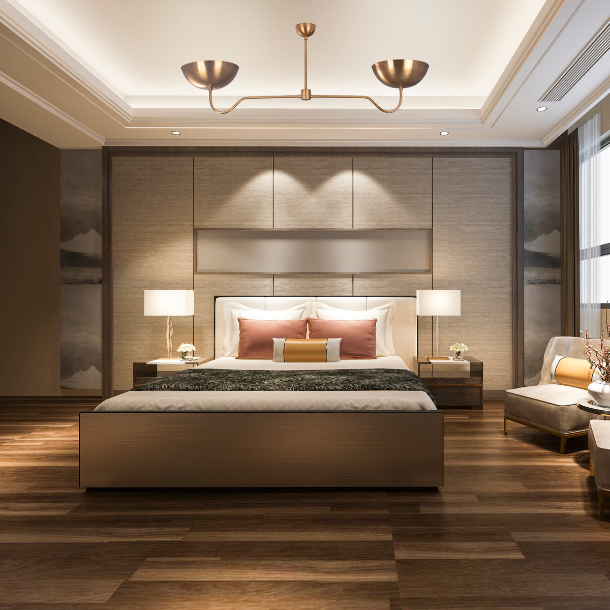 Two-Light Uplight Brass Ceiling Lamp – Custom Mid-Century Modern Uplighting Chandelier | Handmade,  - 32343