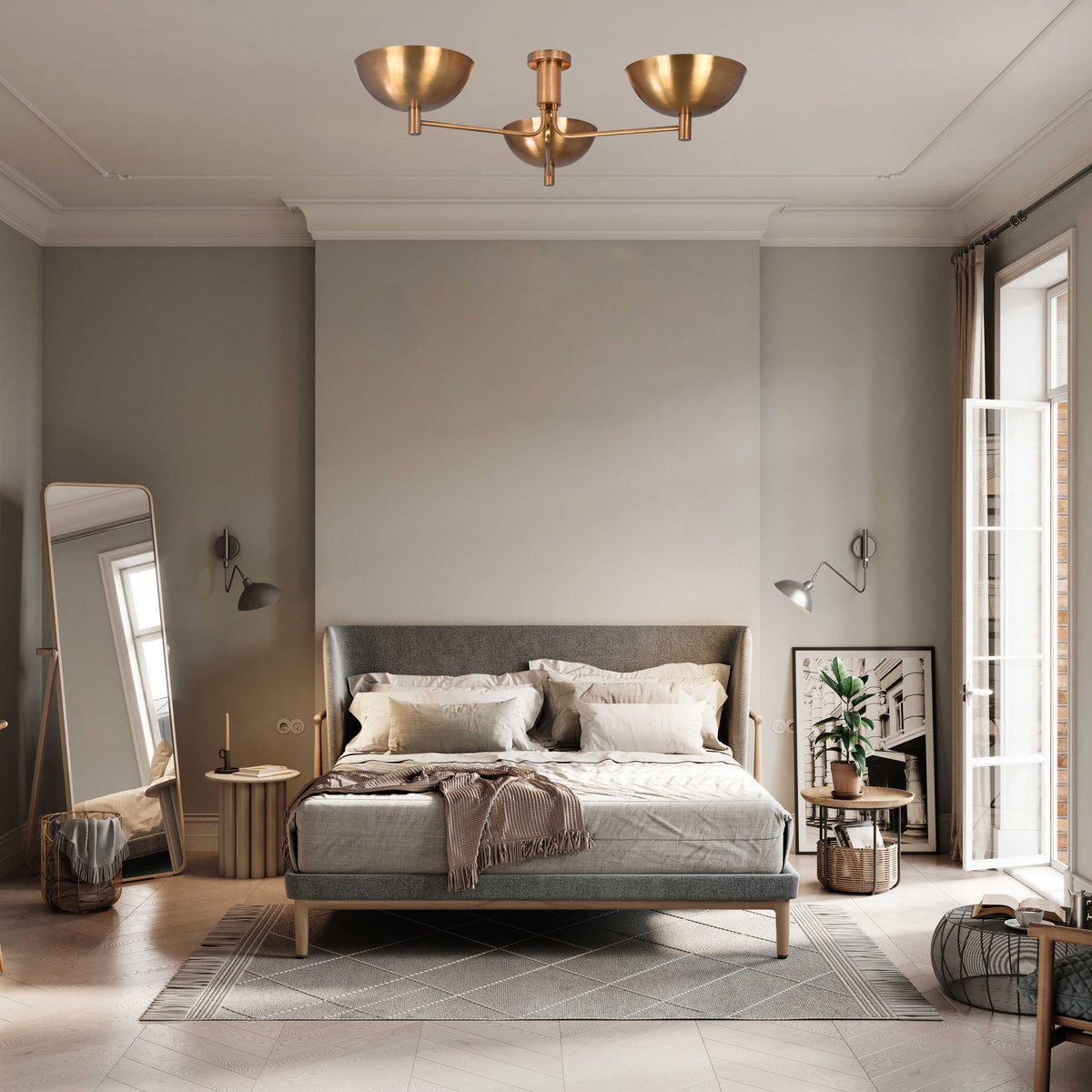 Modern Brass Flush Mount Ceiling Light | 3-Light Uplight Chandelier Custom Finish | Mid Century Modern Ceiling Fixture - 32352