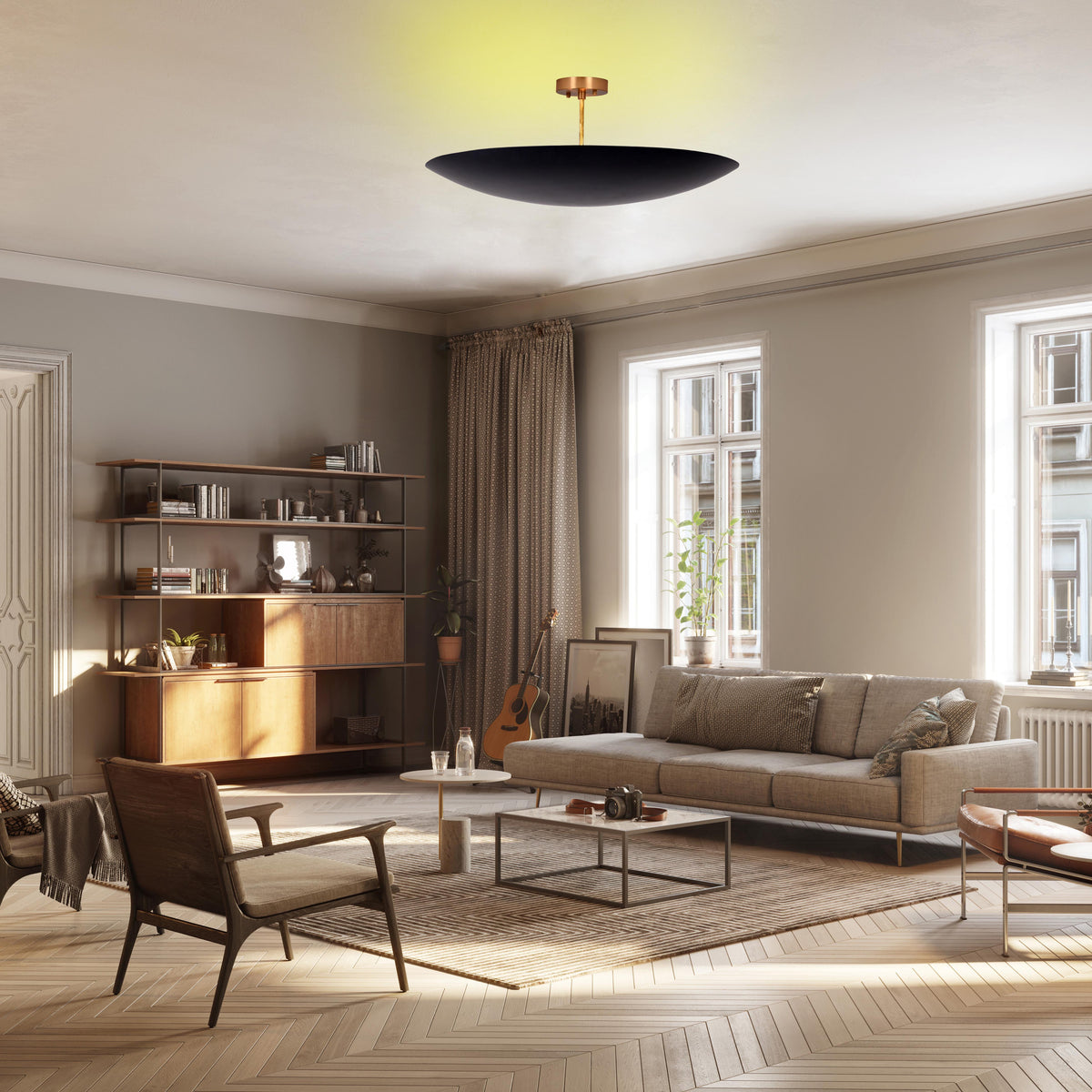 Modern Brass Disc Ceiling Light | Customizable Chandelier | Uplighting Flush Mount | 24" Diameter | Contemporary Ceiling Fixture |  - 32355