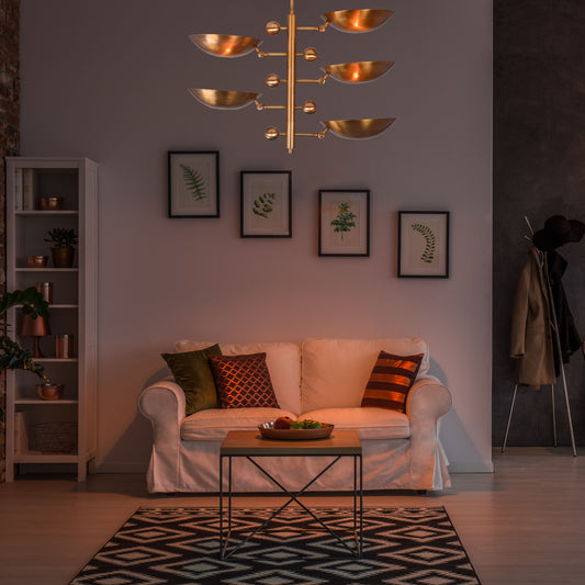 Industrial Brass Made, 5 Lights Curved Pendant Ceiling Light Mid Century Modern No-Glare Chandelier No-Shadow, Ambient Glare Uplifting Light Made of Full Brass