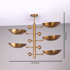 Industrial Brass Made, 5 Lights Curved Pendant Ceiling Light Mid Century Modern No-Glare Chandelier No-Shadow, Ambient Glare Uplifting Light Made of Full Brass