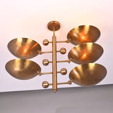 Industrial Brass Made, 5 Lights Curved Pendant Ceiling Light Mid Century Modern No-Glare Chandelier No-Shadow, Ambient Glare Uplifting Light Made of Full Brass