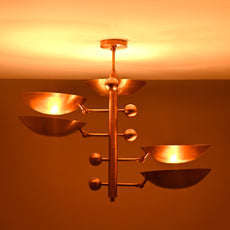 Industrial Brass Made, 5 Lights Curved Pendant Ceiling Light Mid Century Modern No-Glare Chandelier No-Shadow, Ambient Glare Uplifting Light Made of Full Brass