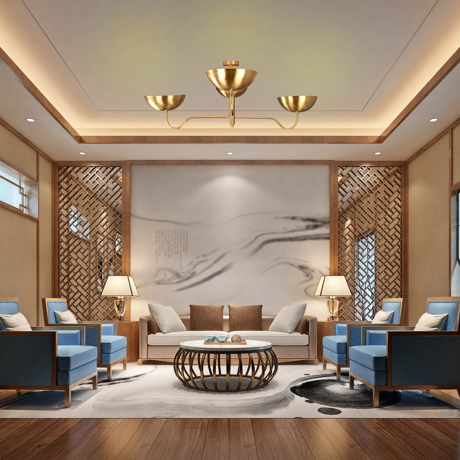 Modern Brass Chandelier | 4 Light Mid Century Ceiling Light | Customizable Brass or Copper Finish Semi Flush Mount Lighting - 32359