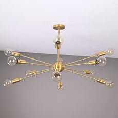 Industrial Brass Made, 12 Lights 12 Arms Brass Sputnik Chandelier Bare Bulb Pendant Ceiling Light Mid-Century Modern Raw Brass Light Fixture Made of Full Brass