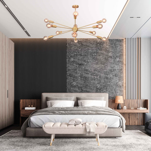 Industrial Brass Made, 12 Lights 12 Arms Brass Sputnik Chandelier Bare Bulb Pendant Ceiling Light Mid-Century Modern Raw Brass Light Fixture Made of Full Brass