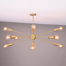 Industrial Brass Made, 12 Lights 12 Arms Brass Sputnik Chandelier Bare Bulb Pendant Ceiling Light Mid-Century Modern Raw Brass Light Fixture Made of Full Brass