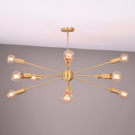 Industrial Brass Made, 12 Lights 12 Arms Brass Sputnik Chandelier Bare Bulb Pendant Ceiling Light Mid-Century Modern Raw Brass Light Fixture Made of Full Brass