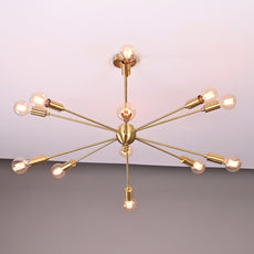 Industrial Brass Made, 12 Lights 12 Arms Brass Sputnik Chandelier Bare Bulb Pendant Ceiling Light Mid-Century Modern Raw Brass Light Fixture Made of Full Brass