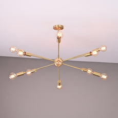 Industrial Brass Made, 12 Lights 12 Arms Brass Sputnik Chandelier Bare Bulb Pendant Ceiling Light Mid-Century Modern Raw Brass Light Fixture Made of Full Brass