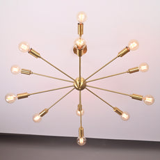 Industrial Brass Made, 12 Lights 12 Arms Brass Sputnik Chandelier Bare Bulb Pendant Ceiling Light Mid-Century Modern Raw Brass Light Fixture Made of Full Brass