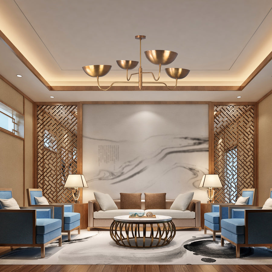 Modern Brass Chandelier | 4 Light Mid Century Ceiling Light | Customizable Brass or Copper Finish Semi Flush Mount Lighting - 32366