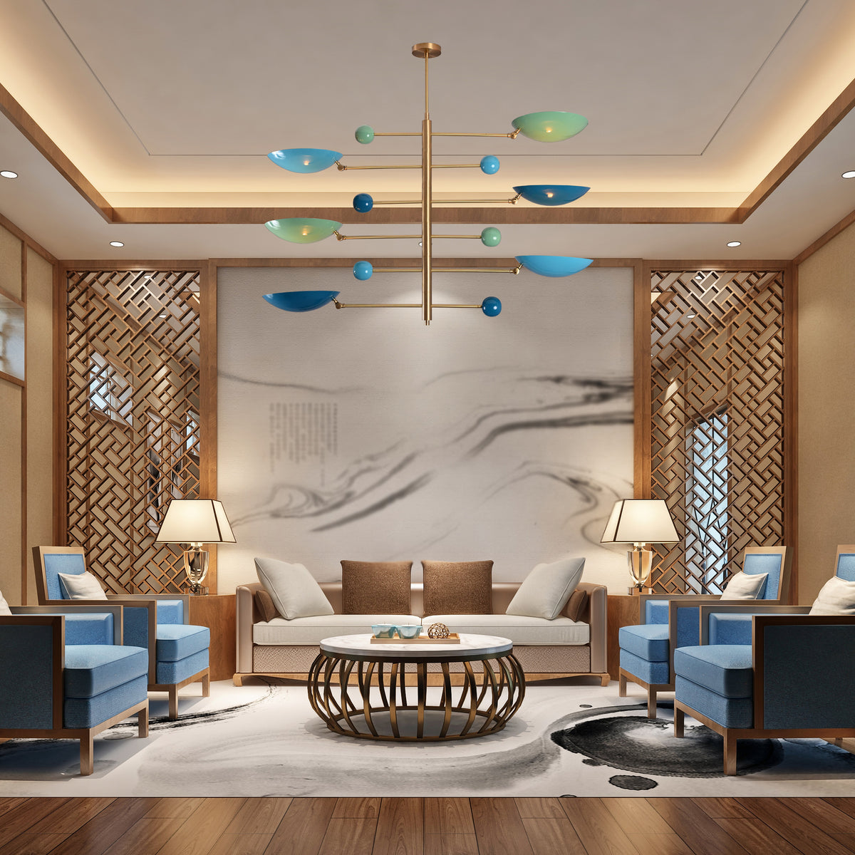 Lisbon Ortbital  -  Uplifting Brass Chandelier - 6 Lights - 32375