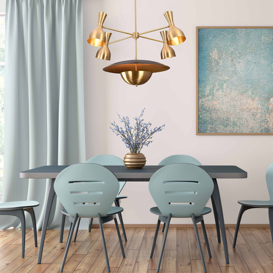 Mid Century Modern Diabolo Style Brass Chandelier with Disc & Dome – Custom Finish Available - 32383