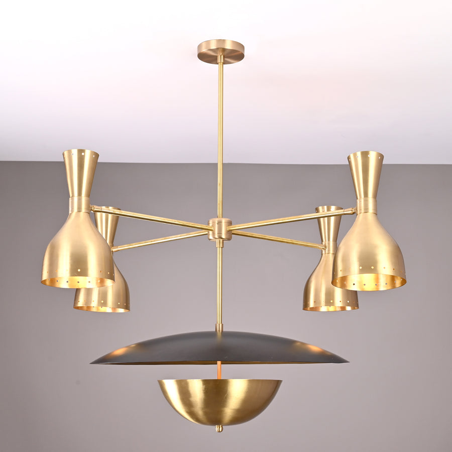 Mid Century Modern Diabolo Style Brass Chandelier with Disc & Dome – Custom Finish Available - 32383