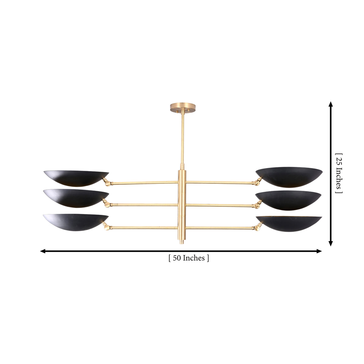 Milan Disc Linear Chandelier dimension image showing 50 inch width and 25 inch overall height.