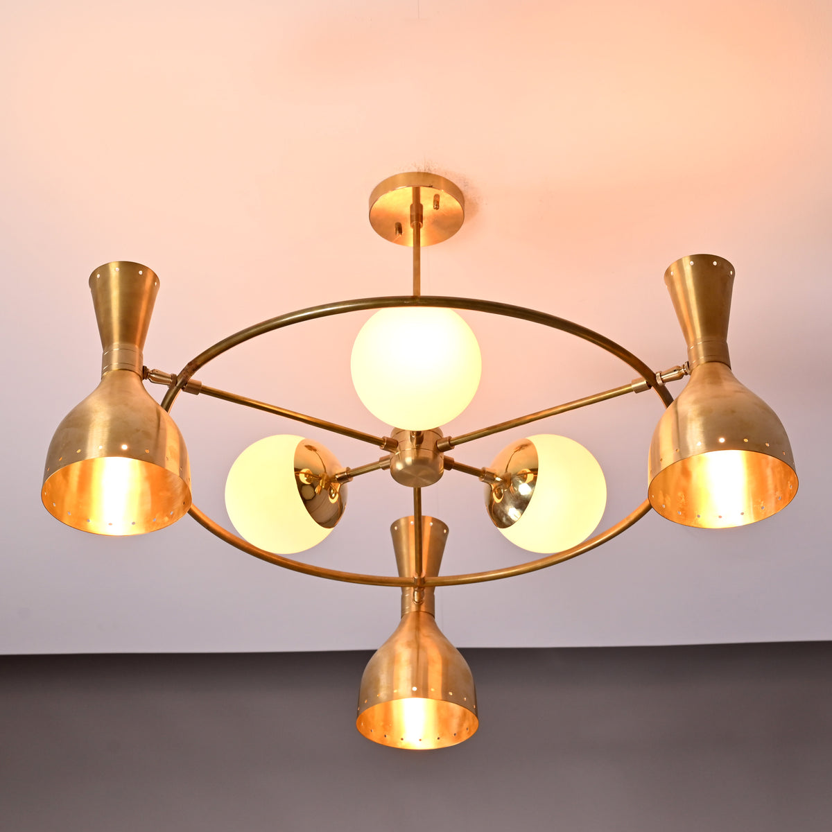 Diabolo Brass Chandelier | Two-Way Ceiling Light | Mid-Century Modern Pendant | Customizable Finish |  - 32395