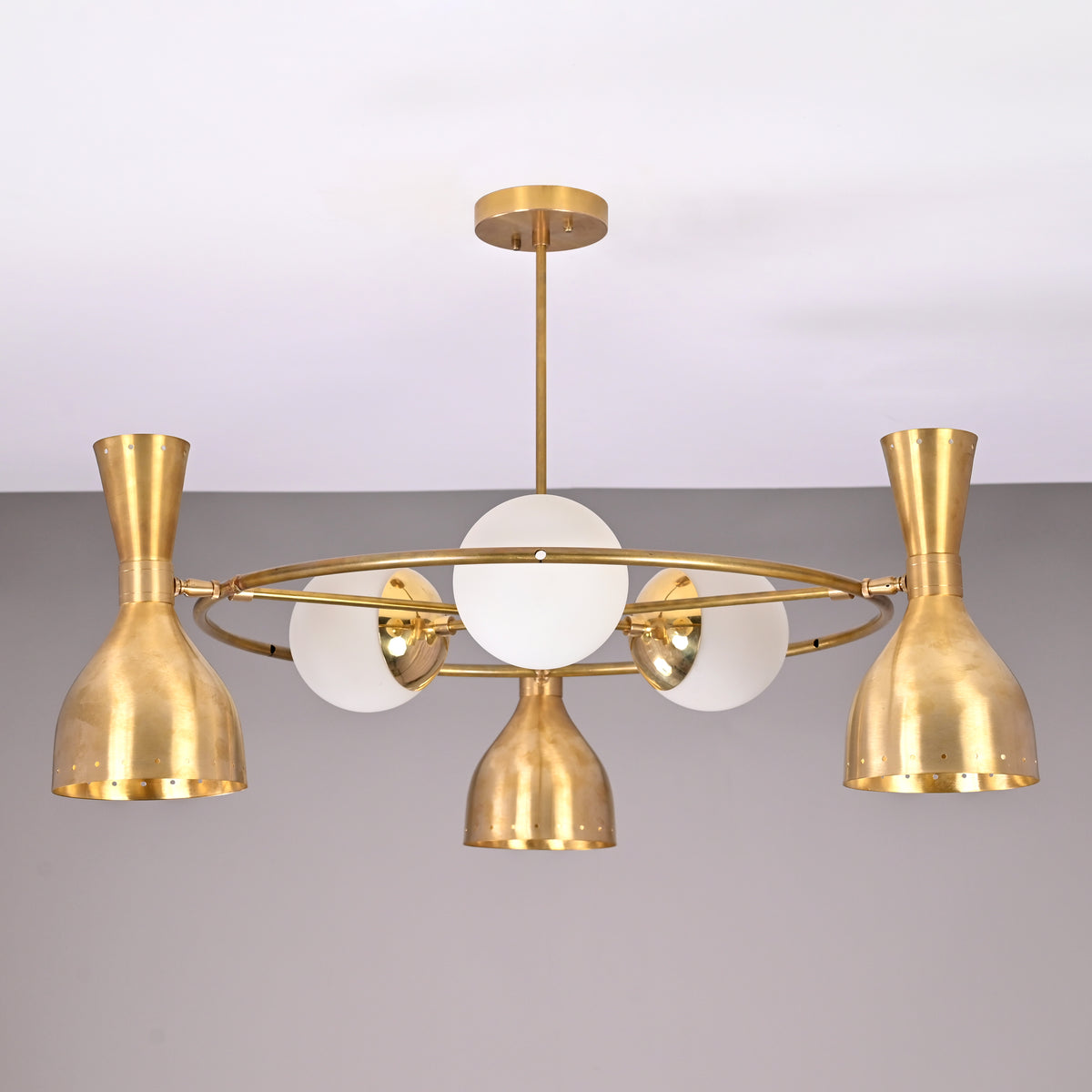 Diabolo Brass Chandelier | Two-Way Ceiling Light | Mid-Century Modern Pendant | Customizable Finish |  - 32395
