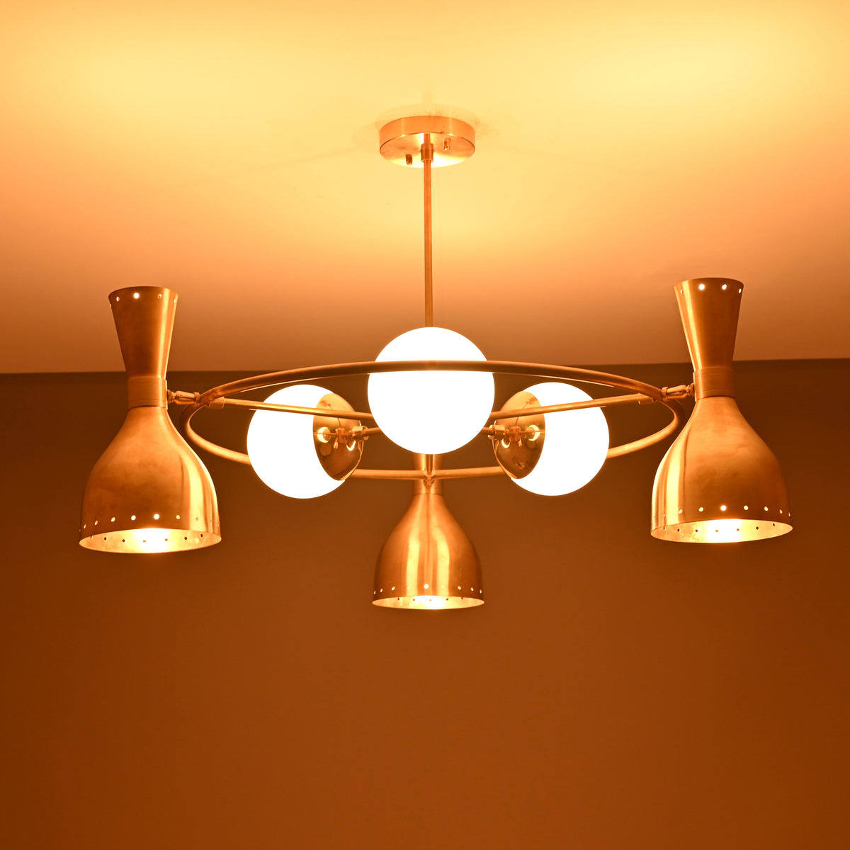 Diabolo Brass Chandelier | Two-Way Ceiling Light | Mid-Century Modern Pendant | Customizable Finish |  - 32395