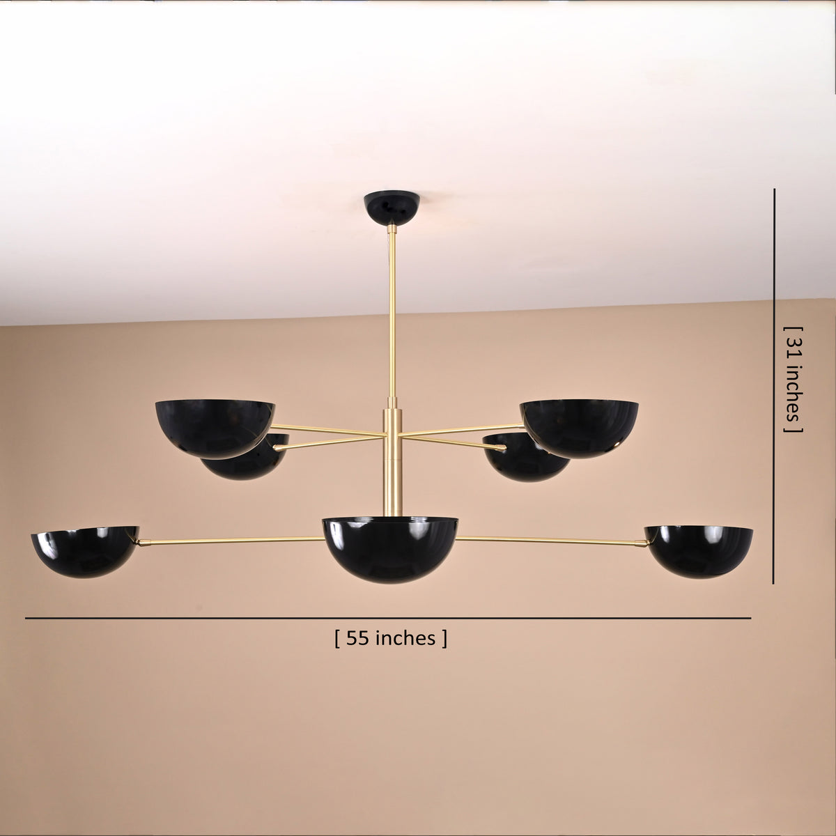 8-Light Raw Brass Large Pendant with Black Bowl Shades – Side View Showing Dimensions 55 x 31 Inches