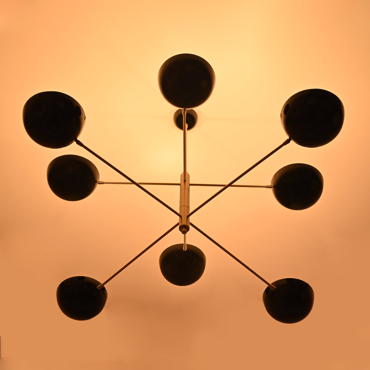 Contemporary Brass Pendant with Eight Black Shades – Top View Showing Geometric Design