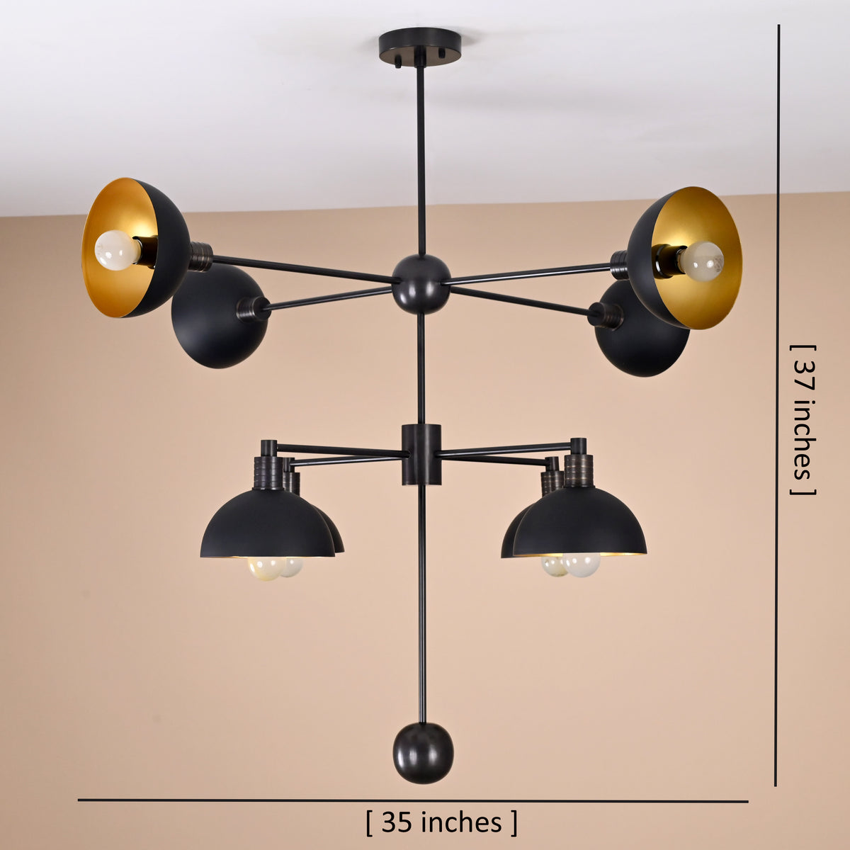 8-Light Black and Gold Modern Brass Chandelier – Dimension View 35 x 37 Inches