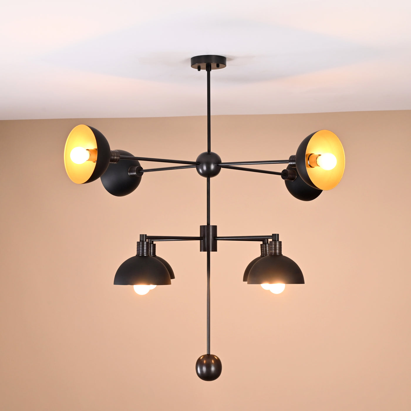Modern 8-Light Brass Chandelier – Black and Gold Geometric Pendant with Warm Lighting