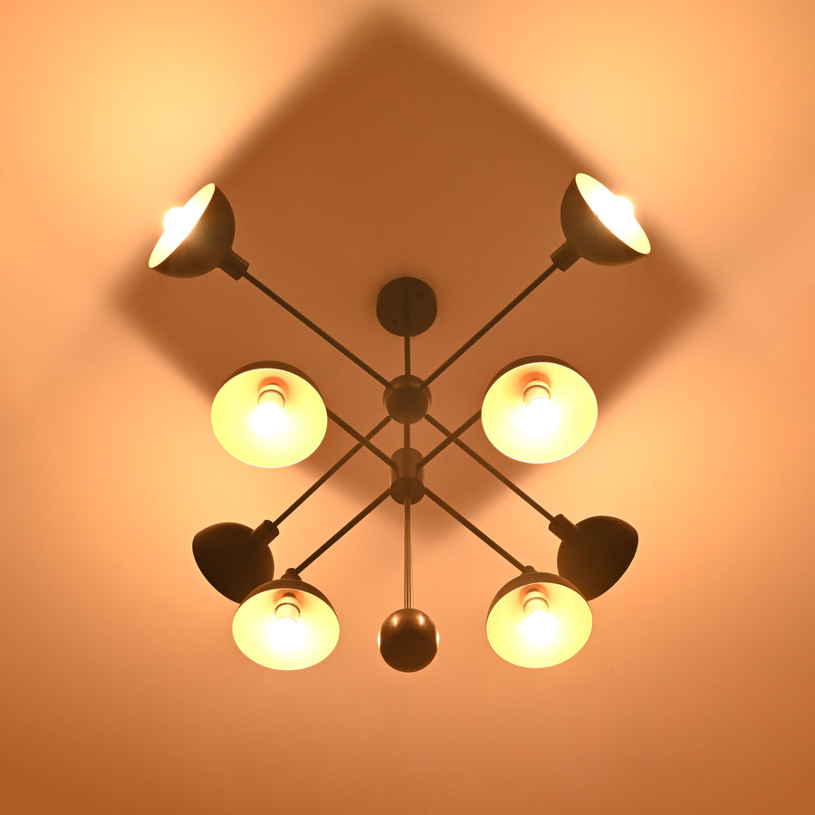 Modern 8-Light Brass Chandelier – Black and Gold Geometric Pendant with Warm Lighting