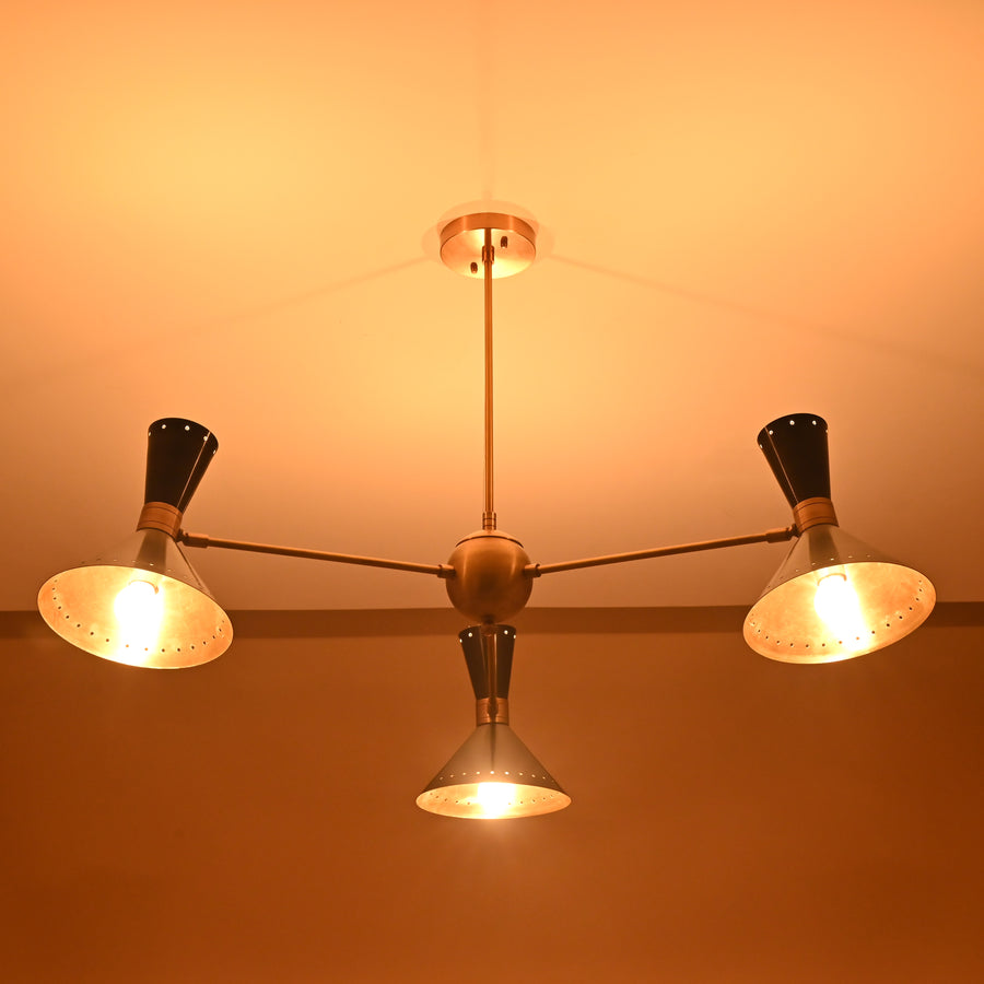 6-Light Black and Brass Cone Pendant – Mid-Century Modern Chandelier by Brass Leaf Studio