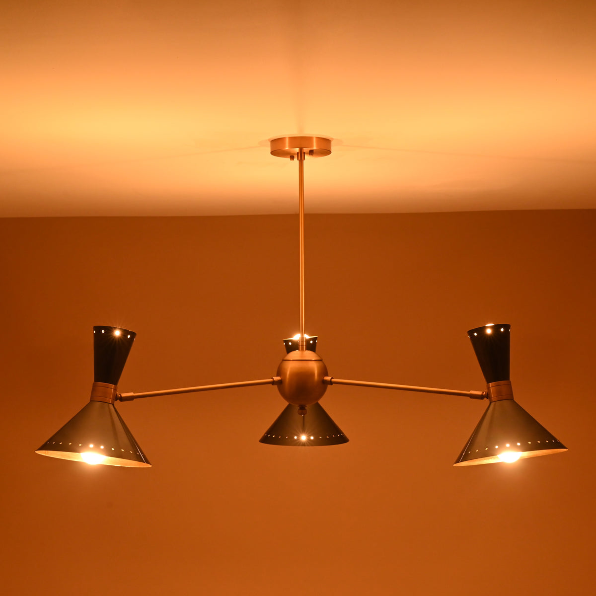 Mid-Century 6-Light Brass Pendant with Black Cone Shades – Warm Ambient Ceiling Light
