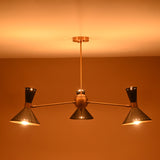Mid-Century 6-Light Brass Pendant with Black Cone Shades – Warm Ambient Ceiling Light