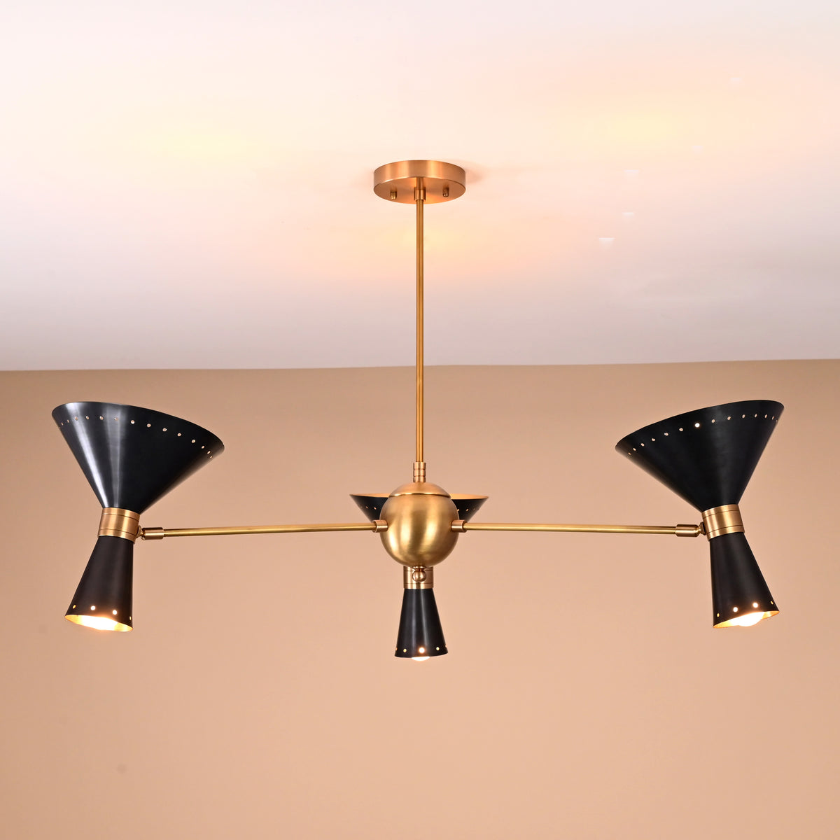 6-Light Cone Shade Brass Pendant – Mid-Century Style Ceiling Light Fixture